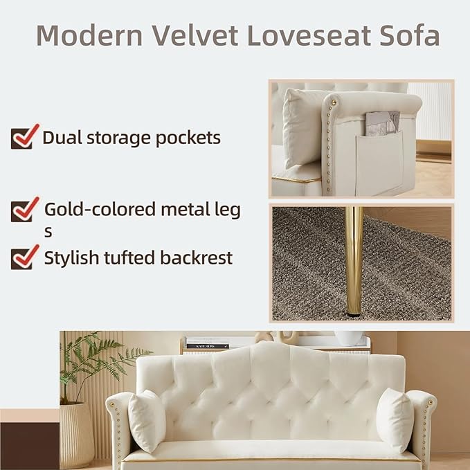 Small Velvet Loveseat Sofa with Gold Metal Legs55-inch Modern Sofa Couch with 2 Side PocketsCouch with Tufted Backrest for Living Room Bedroom Office (Beige)