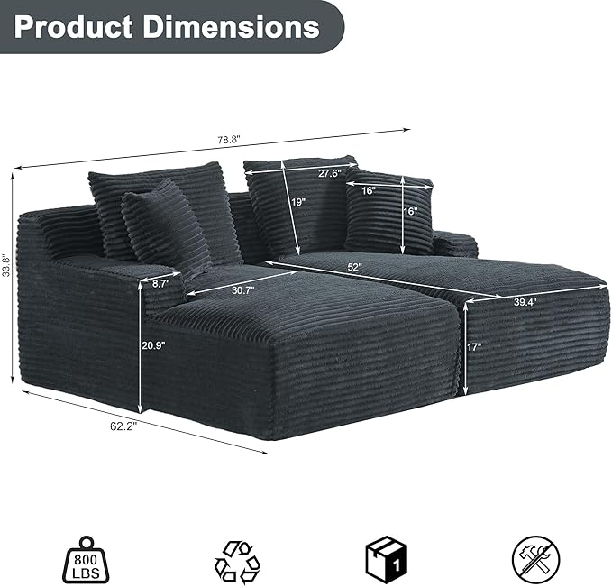 78” Oversized Double Chaise Lounge Indoor Corduroy Sleeper Sectional Couch Upholstered Boneless Cloud Sofa Deep Seat Comfy Plush Chair Bed for Living Room