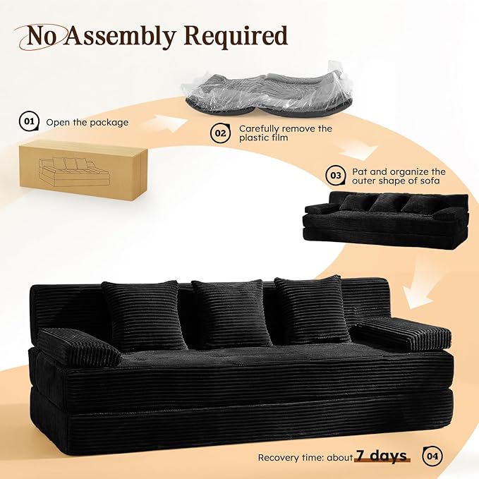 78.7IN Folding Sofa Bed - Convertible Sleeper Sofa Couch with Removable Pillows 3 Seater Couches Bed for Living Room Bedroom Apartment No Assembly Required Freestanding Corduroy Black