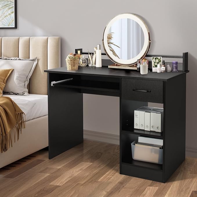 GORELAX Computer Desk with Hutch Wood PC Gaming Desk w/Drawers Open Storage Shelves Keyboard Tray Monitor Stand Student Desk for Bedroom Small Home Office Desk for Small Spaces (Black)