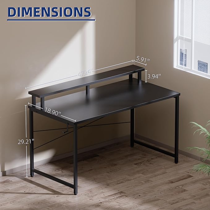 Pamray 47 Inch Small Computer Desk with Monitor Stand Simple Office Desk with Headphone Hook for Small Spaces Kids Study Writing Table for Bedroom Marble