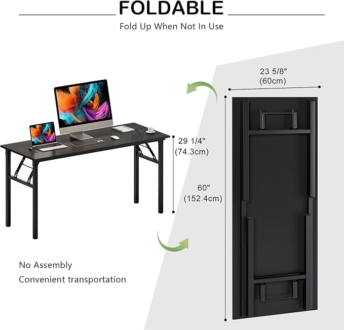 SDHYL Folding Desk 60inch No Assembly Folding Desks for Small Spaces Sturdy Computer Desk Functional Home Office Desks Study Writing Desk Office Table Workstation for Home Office Black
