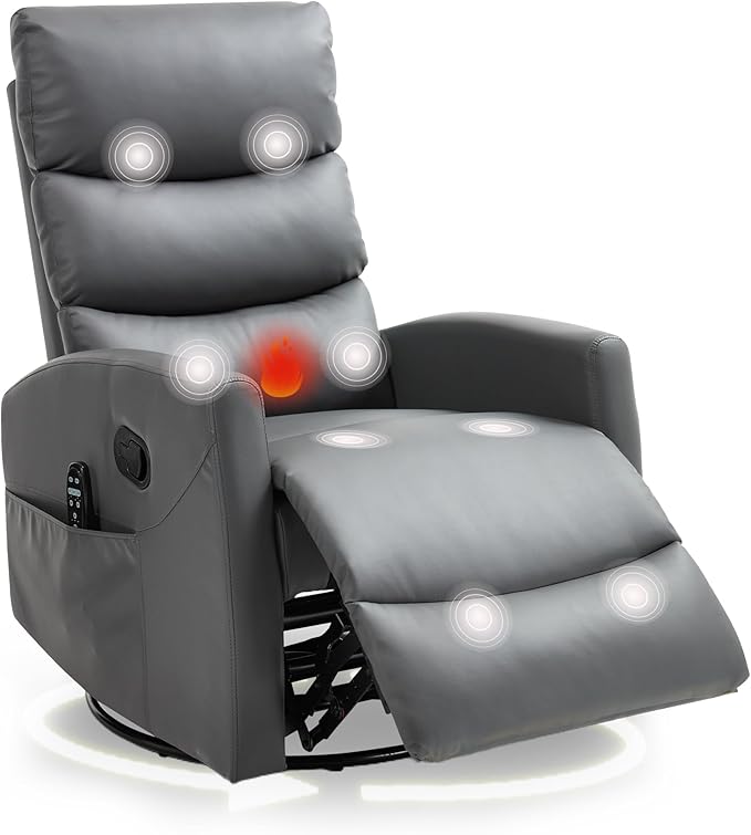 cinkehome Small Swivel Rocker Recliner Chair with Heated Massage Upholstered Nursery Glider Recliner Chair High Back Side Pocket (Grey PU Leather)