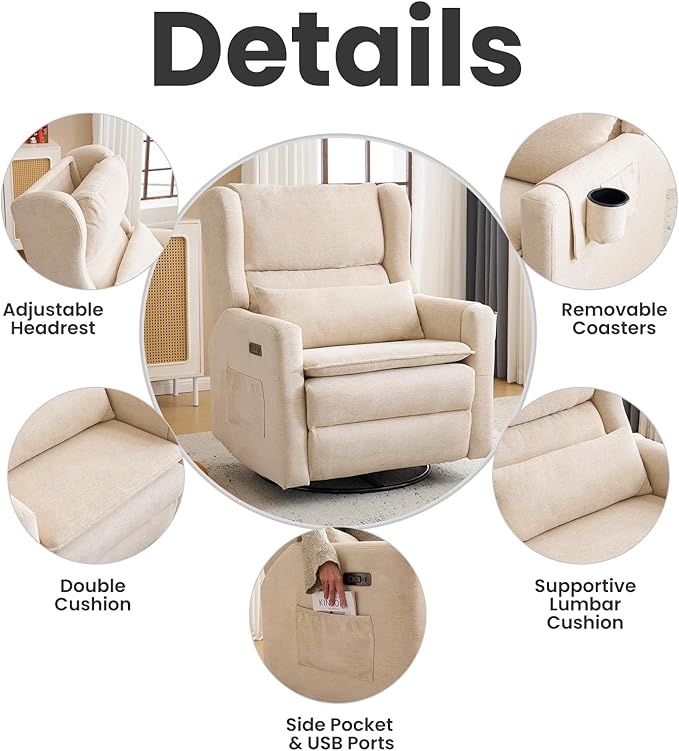 Oversized Swivel Rocker Recliner with Adjustable Headrest 26 Extra Wide Glider Recliner Nursery Chair with Double Cushion Chenille Glider Rocking Chair for Living RoomCup HolderBeige