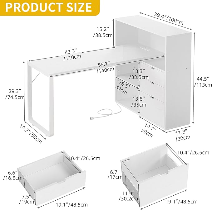 DWVO L Shaped Desk with Drawers 55 Corner Computer Desk with Bookshelf &amp Power Outlets &amp LED Lights Home Office Desk with Storage Shelves White