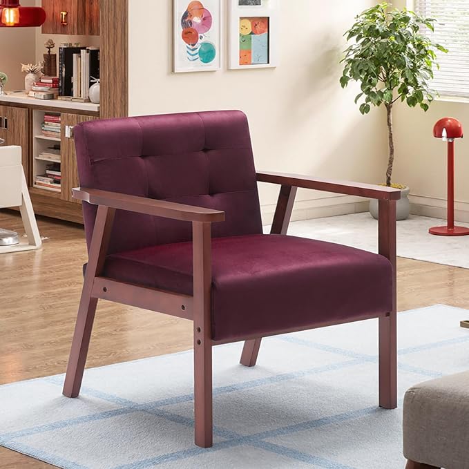 Anwick Mid-Century Accent ChairModern Velvet Living Room Chair with Solid Wood FrameComfy Armchair Lounge Reading Chairs for Bedroom Office Small Spaces (Wine Red)