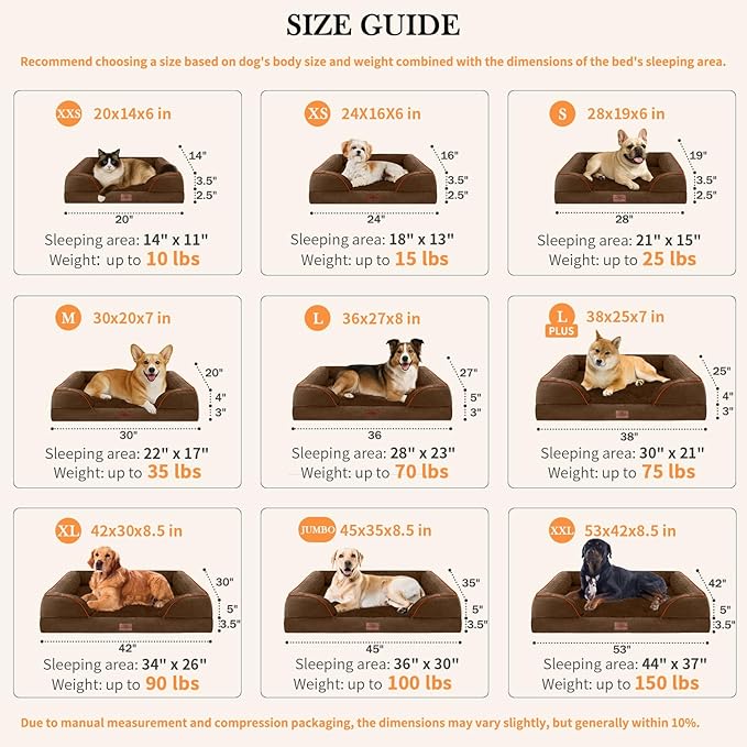 Comfort Expression Orthopedic Dog Bed for Extra Large Dogs 53x42 Inch Waterproof Egg Crate Foam XXL Pet Bed with Removable Bolsters Dog Couch with Washable Cover &amp Non-Slip Bottom Dark Brown