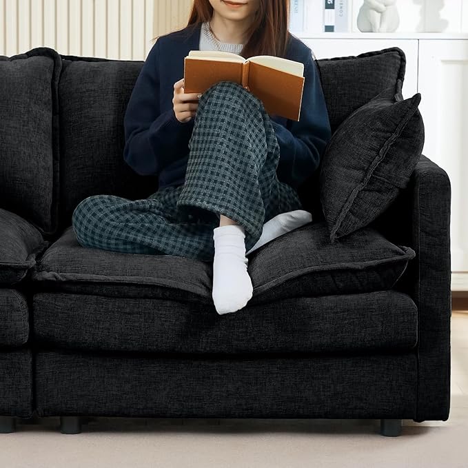 102 Black Modular Sectional Sofa with Movable Ottoman Convertible L Shaped Chenille Cloud Couch Comfy 3-Seater Deep Seat Sofa Couches for Living Room Bedroom and Apartment (Black 102)