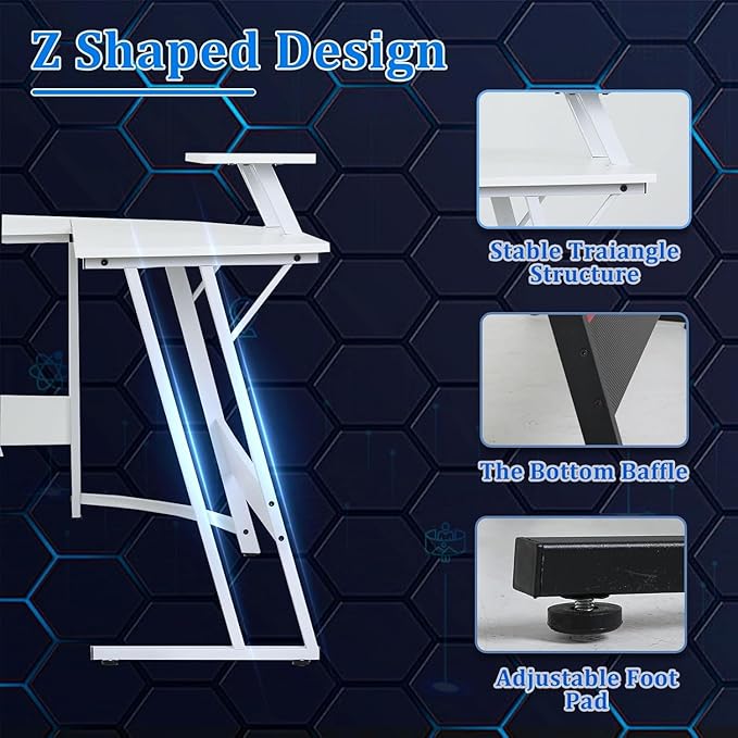 51 inch L Shaped Gaming Desk Computer Desk for Bedroom White L shaped Desk for GamingHome Office Desks with Detachable Monitor Stand Corner Desk for Small PlaceLargeCarbon FiberWhite desk