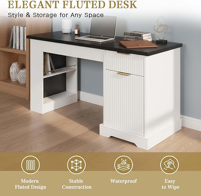 White Farmhouse Desk with Drawers &amp Charging Station Wood Executive Desk with Storage Cabinet &amp Keyboard Tray Computer Desks with Monitor Stand &amp Pegboard for Home Office (White + Black)