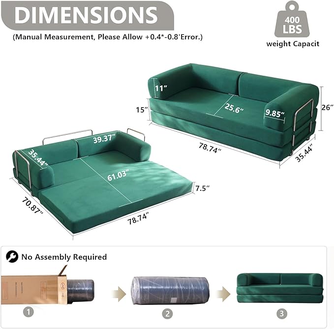 79'' Convertible Sleeper Sofa Bed 3-in-1 Foldable Floor Couch with Corduroy Upholstery No Assembly Loveseat Light Brown Lounge Mattress for Living Room Studio Guest Room (Light Green)