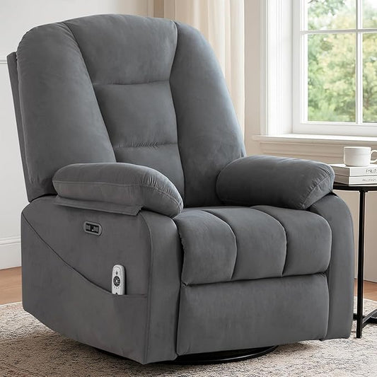 Power Swivel Rocker Recliner Chair for AdultsRocking Recliners Chairs with Massage and Heat for Living Room Electric Fabric Reclining Sofa Chair with USB and Type-C Port (Gray)