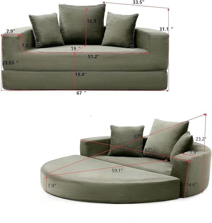67-inch Convertible Futon Sofa Bed Round Folding Comfy Corduroy Upholstered Couch Bed with 3 Pillows Boneless Floor Lazy Loveseat Sofa for Living Room Apartment Small Spaces Pinstripe Green