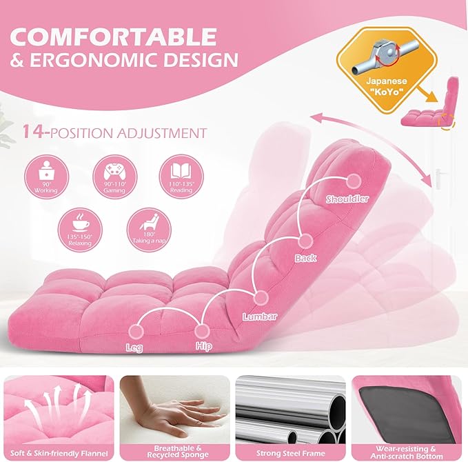 Folding Floor Gaming Chair 14-Poistion Adjustable Floor Lazy Sofa Chair 2 Pack w/Breathable Cotton &amp Skin-Friendly Coral Velve for Adults &amp Kids Perfect for Reading Gaming Meditating Pink