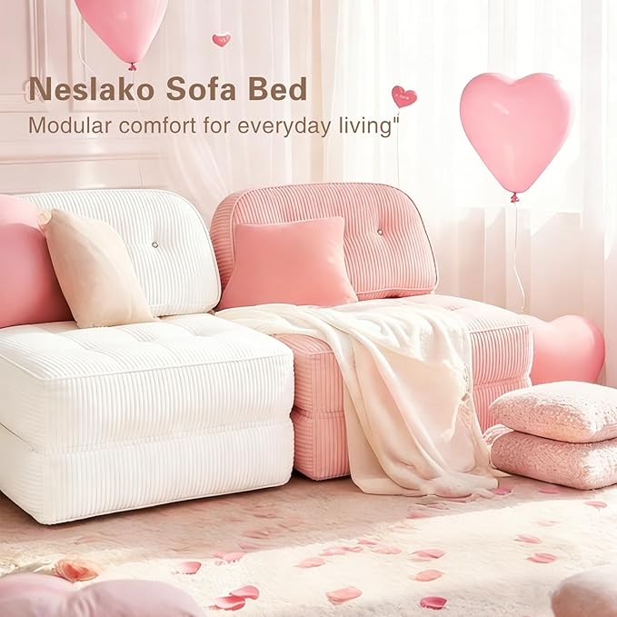 Folding Sofa Bed Flannel Futon Couch Bed with Pillow and Blanket Convertible Sleeper Chair for Living Room Bedroom (Pink+Black)