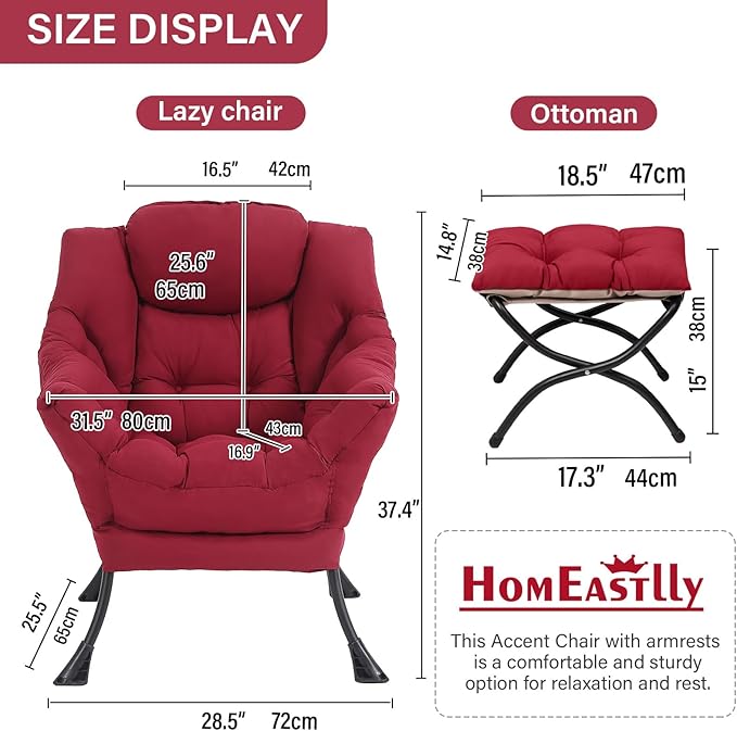 Lazy Chair with Ottoman Large Burgundy Accent Chair with Ottoman Comfy Reading Armchair Leisure Sofa Chair for Living Room Bedroom Dorm Room Office