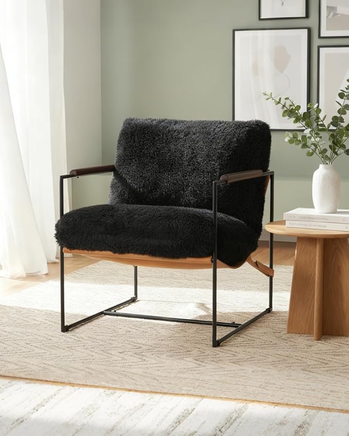 Karl home Modern Accent Chair Plush Fleece Upholstered Living Room Chair with Metal Frame Wooden Armrest Comfy Lounge Armchair for Living Room Bedroom Balcony Reading Room Black
