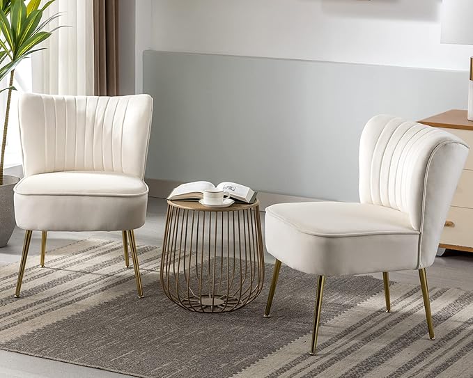 KCC Modern Velvet Upholstered Accent Chair Set of 4Mid Century Living Room Chairs with Golden LegsComfy Armless Chair Wingback Single Sofa Side Chair for BedroomBeige