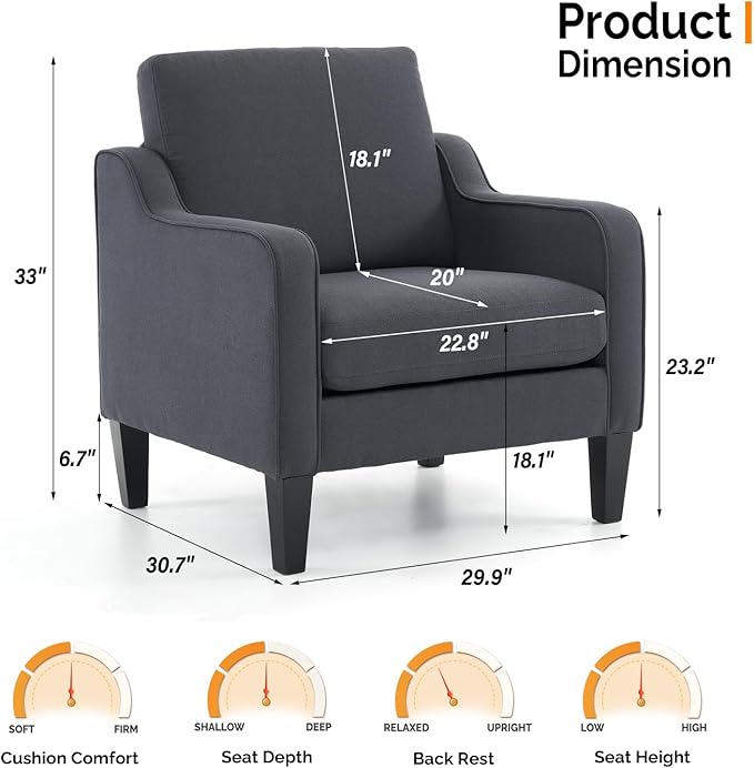 VINGLI Mid-Century Modern Accent Chair Dark Grey Linen Upholstered Comfortable &amp Supportive 380lbs Weight Limit Perfect for Living Room Bedroom Office