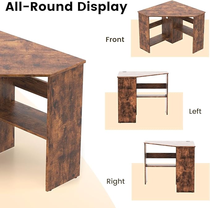 GOFLAME Corner Desk with Storage Shelves Triangular Computer Desk with Cable Management Holes Laptop Workstation for Small Space Makeup Vanity Desk for Living Room Study Rustic Brown
