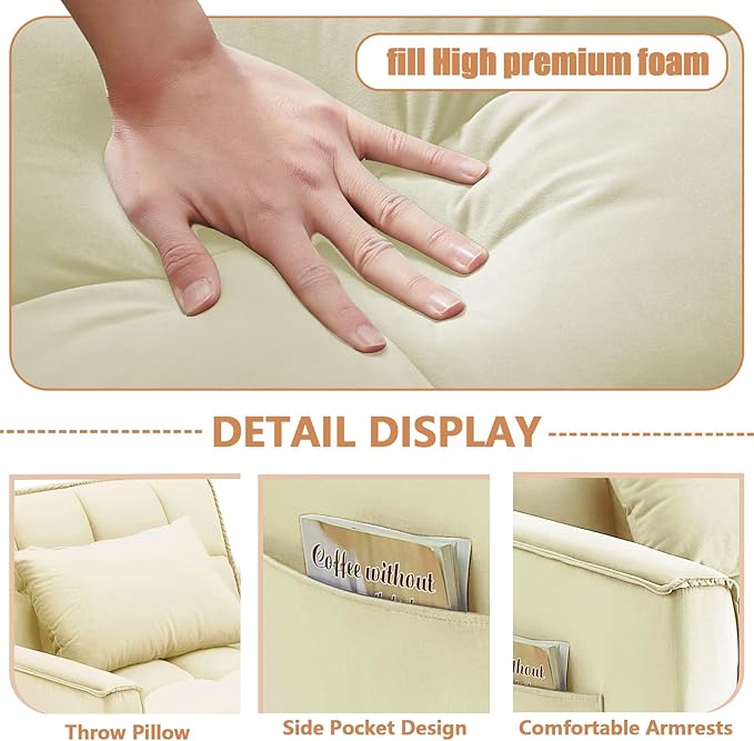 3 in 1 convertible Sleeper Sofa bed chair Modern Pull Out Couch Bed single recliner with adjustable back  Velvet Futon Folding Sofa Bed Chair for Living Room Bedroom small Spaces (Creamy White)