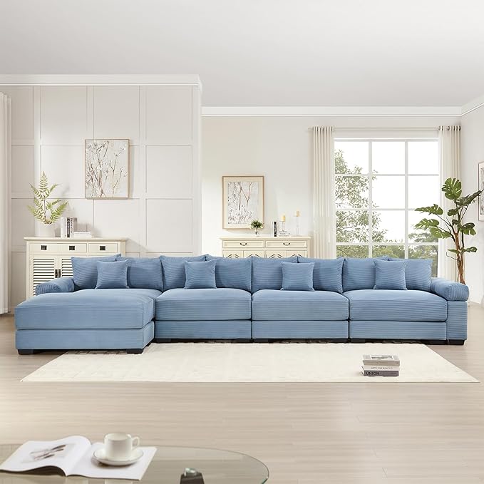 168.4 Oversized Modular Sectional Sofa Corduroy Large Sectional Couches for Living Room 4 Seater Couches with 1 Movable Ottoman Modern Deep Seat Sofa Set L Shaped Blue