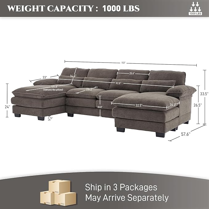 OUYESSIR 113 U Shape Sectional Cloud Couch with OttomanFluffy Sectional Couches for Living Room4 Seater Modular Sectionals SofaComfy Cloud Sofas &amp Couches with 4 PillowsGrey