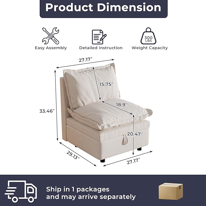 Middle Module for Modular Sectional Sofa Convertible Sectional Sofa Couch with Storage Sing Seat Accent Armless Chair DIY Combination Beige Chenille