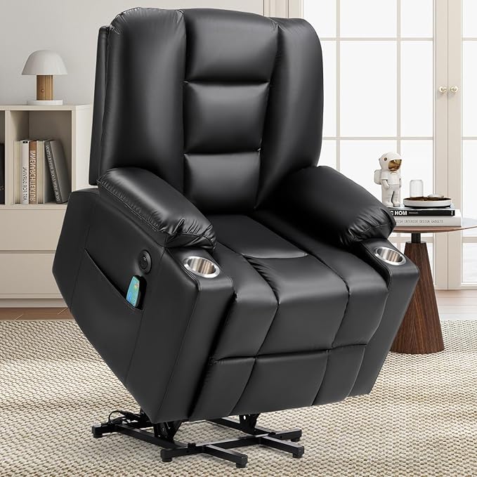 CANMOV Leather Power Lift Recliner Chair for Elderly Lift Chair Single Sofa with Massage and HeatingElectric Lift Recliner with Cup Holders USB Port for Living RoomBlack