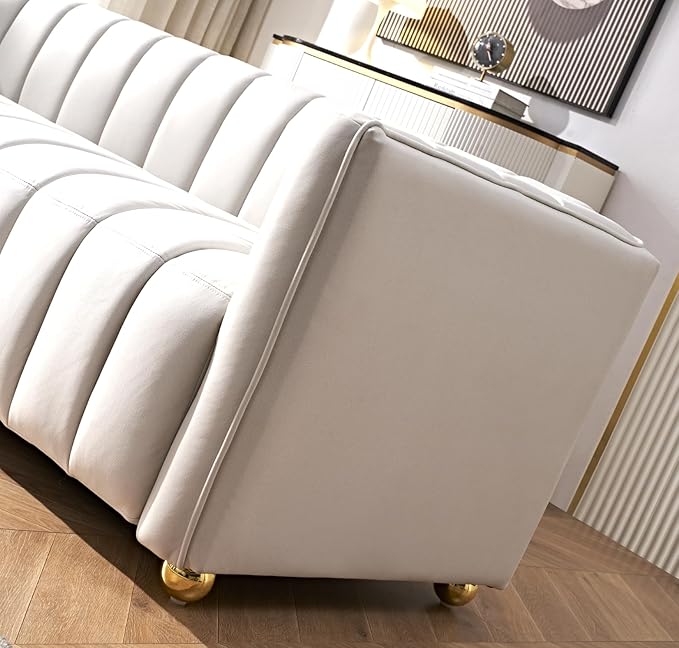 Direct Glam Fabric Upholstered Solid Wood Frame 82.7 Art Deco Sofa for Living Room Office Sophisticated 3 Seater Couch Ivory