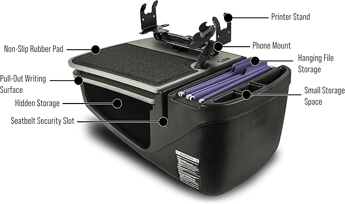 AutoExec AE-GMCD-PM-PS-GT GripMaster Car Desk for Your Vehicle Workstation and Mobile Office Grey with Phone Mount and Printer Stand