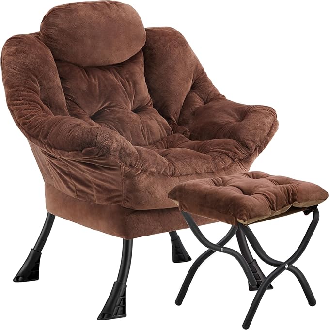 Lazy Chair with Folding OttomanLeisure Sofa ChairSoft Fabric Armchair with Armrests and Side Pockets Reading Chair with Footrest for Living Room Bedroom Office (Plush Dark Brown)