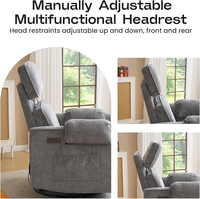 Oversized Power Recliner Chair with Adjustable Headrest Swivel Rocking Recliner Chair for Adults 26 Extra Wide Glider Nursery Chair with Overstuffed Armrest for Living Room USB Ports Grey