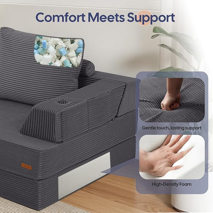 COMAX Folding Sofa Bed Foldable Couch for Bedroom Corduroy Convertible Floor Sleeper Futon Chair Foam 3 in 1 Fold Out Chair Portable Comfy Lounge Couch Single Sofa Bed for Small Space Guest Room