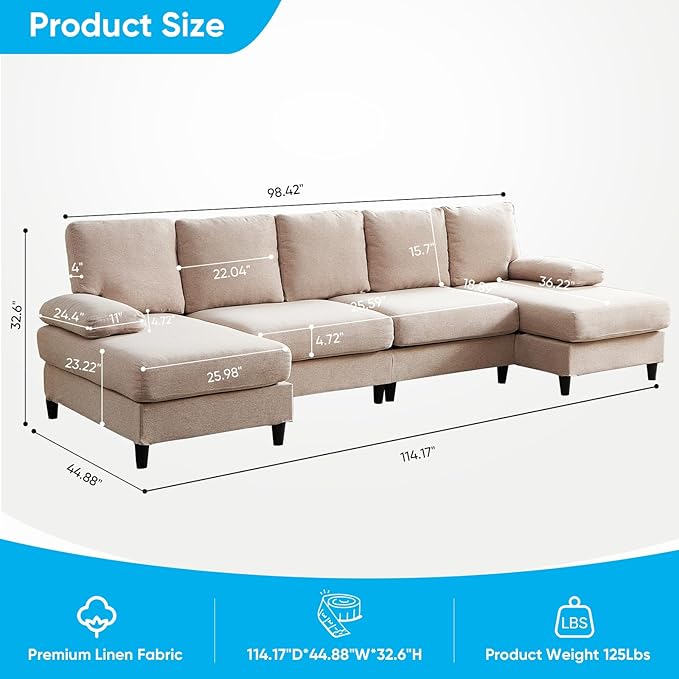 CECER 114” U-Shaped CouchLinen FabricLinen Fabric Modular Sectional Couches for Living Room/Apartment4 Seat Oversized SofaHigh Supportive&ampSoft Sponge(Beige)
