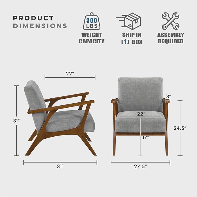 Lexicon Mid-Century Modern Accent Chair Woven Chenille Fabric Lounge Chair Chestnut Solid Wood Frame Wide Arm Rest and Cushioned Comfort for Living Room/Office/Bedroom/Reading Nook Gray