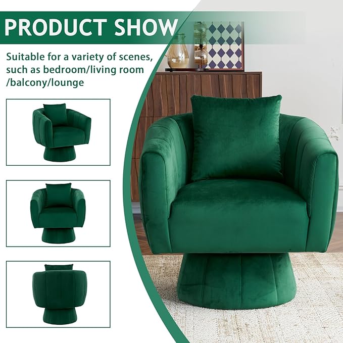 Karl home 360° Swivel Accent Chair Modern Velvet Fabric Living Room Armchair with Fluffy Cushions Comfy Wide Upholstered Barrel Accent Chairs for Living Room Bedroom Lounge Office (Green)