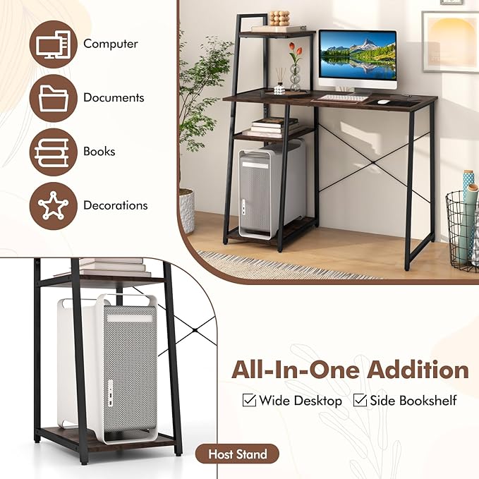 POWERSTONE 40 Computer Desk with 4-Tier Storage Shelves Home Office Corner Desk Writing Study Workstation Table for Small Space Brown