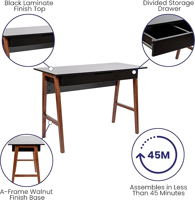 Flash Furniture Darla Computer Desk - Black Home Office Desk with Storage Drawer - 42 Long Writing Desk for Bedroom