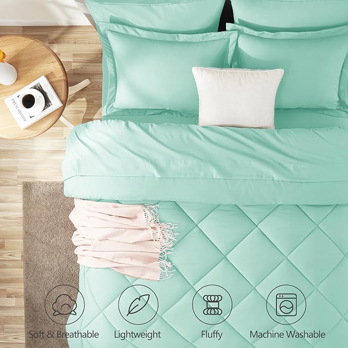 CozyLux Full Size Comforter Sets Mint Green - 7 Pieces Bed in a Bag Full Luxury Soft Bed Set for All Seasons Bedding Set with Down Alternative Comforter Sheets Pillowcases &amp Shams