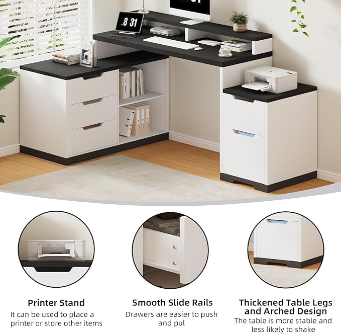 Computer Desk with Drawers White Office Desk with File Drawer 71 Wood Desk with Printer Space &amp Monitor Shelf for Home Office