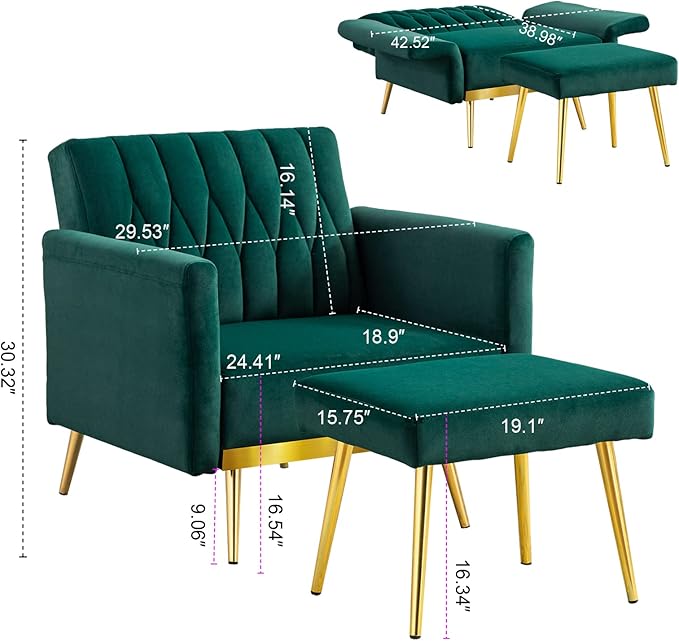 Paddie Modern Velvet Single Sofa Chair with Ottoman Accent Living Room Chairs with Adjustable Armrests Upholstered Tufted Lounge Chair for Home Bedroom Office