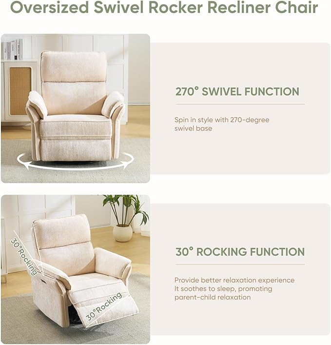 Oversized Power Recliner Chair Swivel Glider with Massage and Heat Rocker Nursery Recliner for Adults with Adjustable Headrest 26 Extra Wide Nursery Chair with Overstuffed ArmrestBeige