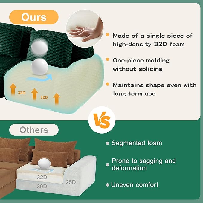 Cloud Sectional Couches for Living Room Boneless Couch Modular Sectional Sofa Modern Deep Seat Sofa with Pillows 4 Seater Comfy Floor Couch for Bedroom No Assembly RequiredGreen