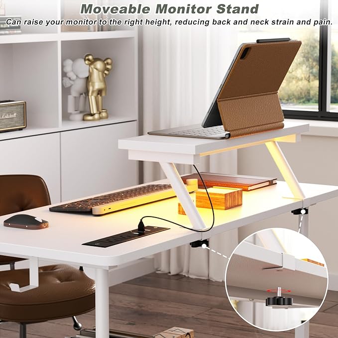 Height Adjustable Standing Desk with Power Outlets and LED Lights - 32 Manual Stand Up Desk with Monitor Stand and Storage Shelves Small Mobile Rolling Computer Desk Portable Laptop Table White