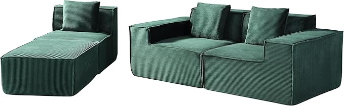Rowan Convertible Corduroy Sectional Couch with Ottoman &amp Pillows Modular L Shaped Sleeper Sofa Boneless Cloud Couch for Living Room Furniture Dark Green