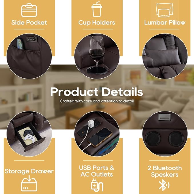 IPKIG Power Loveseat Recliner Sofa with Flip-Up Backrest Console Drawer AC Outlet LED Light Wall Hugger Recliners for Living Room RV Home Theater (Chestnut Console with Music LED)
