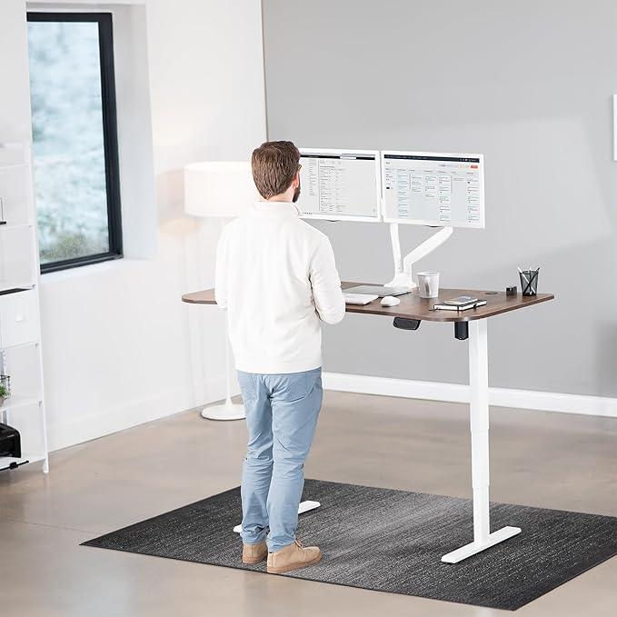 VIVO Electric 63 x 32 in Rustic Standing Desk Memory Height Adjustment 176 lb Frame Support 2E Series Vintage Brown Top White Frame DESK-KIT-2EWN