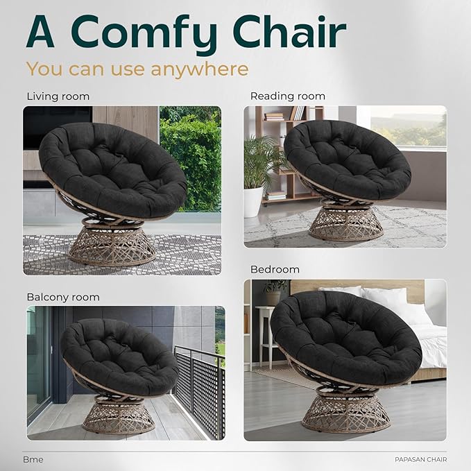 Bme 40 Ergonomic Wicker Papasan Chair with Soft Thick Cushion &amp Frame 360° Swivel Circle Reading Comfy Chair for Living Room Bedroom