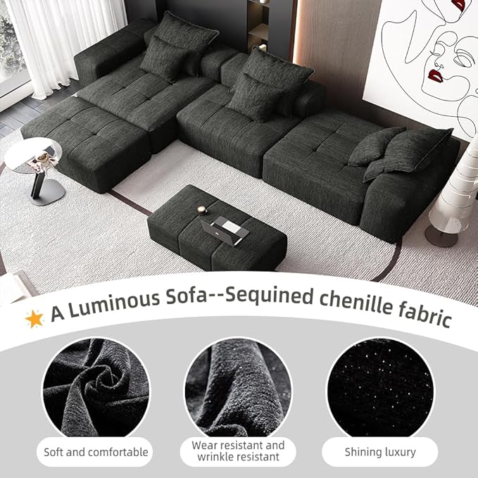 184'' Cloud Couch Modular Sectional Sofa with Ottoman Chenille Oversized Compression Boneless Sofa 6 PC DIY Combination Sleeper Chaise Longue Minimalist Couches for Living Room Black